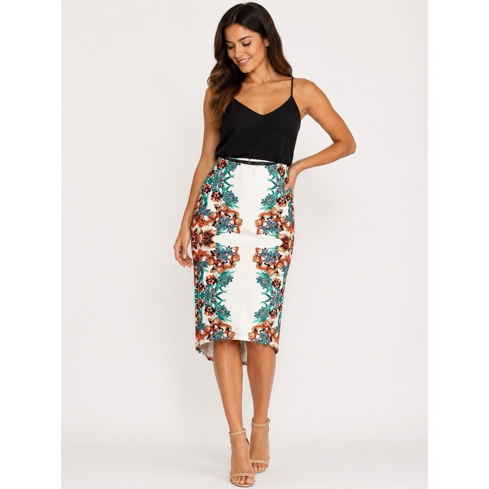 Bisou Bisou Women's Floral Pencil Skirt Medium White Stretch High Low Hem Career